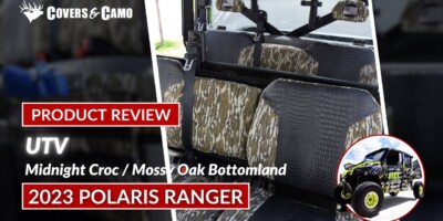 2023 Polaris Ranger UTV seat covers in Mossy Oak Bottomland camouflage with Midnight Croc inserts