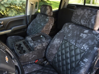<b>2019 Chevy Silverado 3500
</b><br>
Insert: Black Ostrich E01 Diamond (Sim. Leather)
</br>Trim: Kryptek® Typhon™ C71 (Canvas)
<br>Product: Camo - Gold Series </br> | Covers and Camo