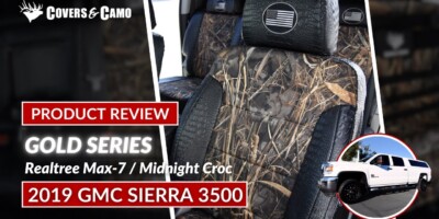 2019 GMC Sierra 3500 front seat covers with Realtree Max-7 inserts and Midnight Croc trim
