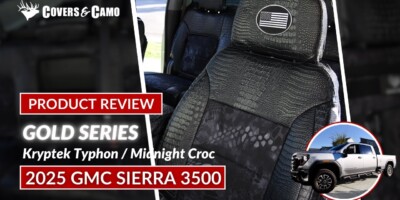 2025 GMC Sierra 3500 front seat covers with Kryptek Typhon inserts and Midnight Croc trim
