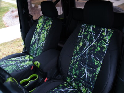 2013 Jeep Wrangler front seat covers with Sirphis Toxic camouflage inserts and Black HD1000 trim