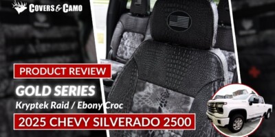 2025 Chevy Silverado 2500 seat covers with Kryptek Raid inserts and Ebony Croc trim