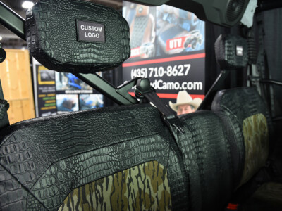 2026 CFMOTO U10 headrest with Midnight Croc trim and Mossy Oak Bottomland accents