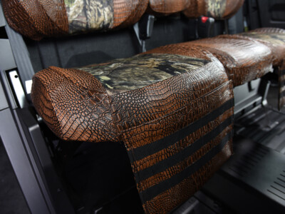 2026 Can-Am Defender folding UTV seat cushion with Mossy Oak NB Country insert and Java Croc trim