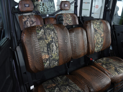 2026 Can-Am Defender rear UTV exotic seat covers with Mossy Oak NB Country inserts and Java Croc trim