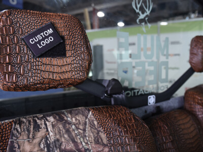 2026 Can-Am Defender Java Croc headrest cover with custom logo patch and Mossy Oak NB Country insert