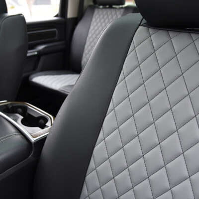<b>
2022 RAM 1500
</b>
<br>
Insert: Light Gray Faux Leather Diamond Stitch
</br> Trim: Black Faux Leather
</br>Product: Faux Leather - Silver Series | Covers and Camo