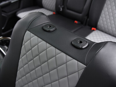 2022 RAM 1500 | Light Gray Diamond | Black Faux Leather 2022 RAM 1500 rear headrest with Light Gray Diamond faux leather