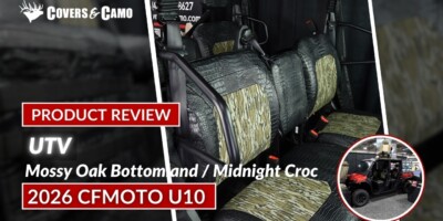 2026 CFMOTO U10 Pro XL rear UTV Exotic Seat Covers with Mossy Oak Bottomland inserts and Midnight Croc trim
