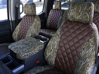 <b>
2026 Ford F-350
</b>
<br>
Insert: Brown Ostrich Diamond Stitch
</br> Trim: Mossy Oak Bottomland
</br>Product: Camo - Gold Series | Covers and Camo