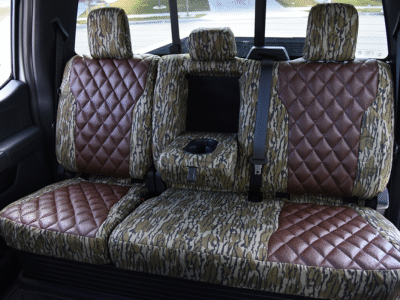 <b>
2026 Ford F-350
</b>
<br>
Insert: Brown Ostrich Diamond Stitch
</br> Trim: Mossy Oak Bottomland
</br>Product: Camo - Gold Series | Covers and Camo