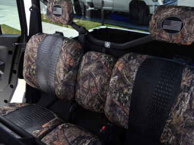 2026 Can-Am Defender | Midnight Croc | Mossy Oak NB Country 2026 Can-Am Defender side bench UTV Exotic seat covers with Midnight Croc and Mossy Oak NB Country