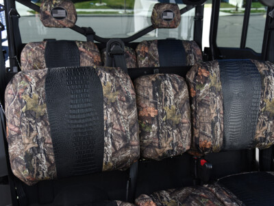 2026 Can-Am Defender | Midnight Croc | Mossy Oak NB Country 2026 Can-Am Defender rear-facing bench UTV Exotic seat covers with Midnight Croc inserts and Mossy Oak NB Country trim