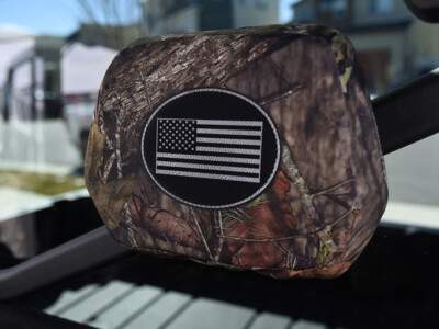 2026 Can-Am Defender | Midnight Croc | Mossy Oak NB Country 2026 Can-Am Defender headrest with flag patch and Mossy Oak NB Country UTV Exotic seat cover
