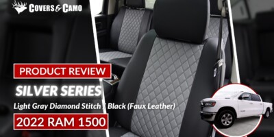 2022 RAM 1500 | Light Gray Diamond | Black / Black Stitch 2022 RAM 1500 seat covers in Light Gray Diamond and Black faux leather with Black Stitch