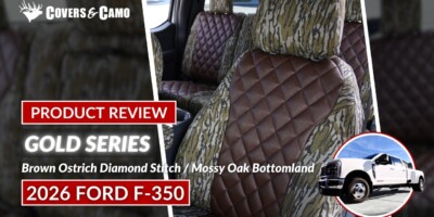 2026 Ford F-350 seat covers in Brown Ostrich Diamond and Mossy Oak Bottomland camouflage