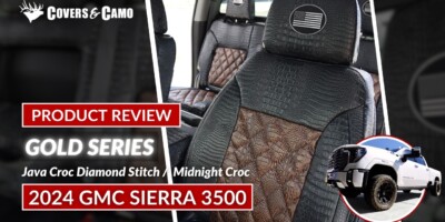 2024 GMC Sierra 3500 seat covers with Java Croc Diamond inserts and Midnight Croc trim