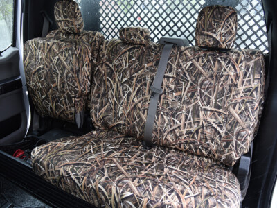 Rear bench view of 2019 Ford F-550 seat covers in Mossy Oak Shadow Grass Blades camouflage