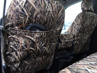 Rear pocket view of 2019 Ford F-550 seat covers in Mossy Oak Shadow Grass Blades camouflage