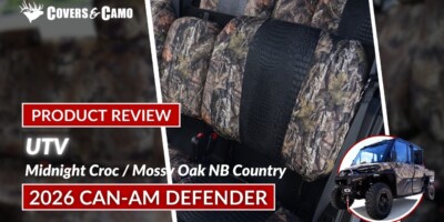 2026 Can-Am Defender UTV seat covers with Midnight Croc inserts and Mossy Oak NB Country trim