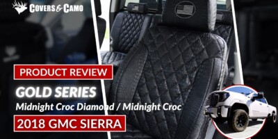 2018 GMC Sierra front seat covers with Midnight Croc Diamond Stitch inserts and trim
