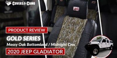 2020 Jeep Gladiator Mossy Oak seat covers review video with Mossy Oak Bottomland inserts and Midnight Croc trim