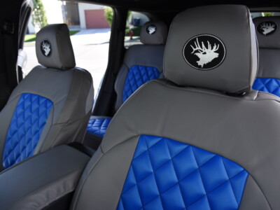 2023 Jeep Grand Cherokee seat cushion with Blue Leatherette Diamond insert and Medium Gray Sof-Touch trim